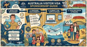 Australia visitors visa sponsorship guide showing Australian landmarks and family travel.
