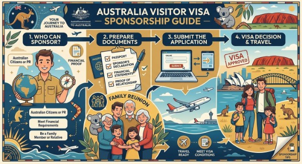 Australia visitors visa sponsorship guide showing Australian landmarks and family travel.
