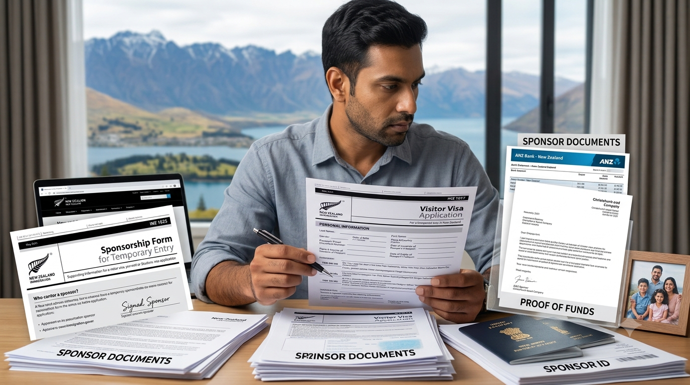 New Zealand visitor visa sponsorship guide showing a traveller, sponsor documents and proof of funds.